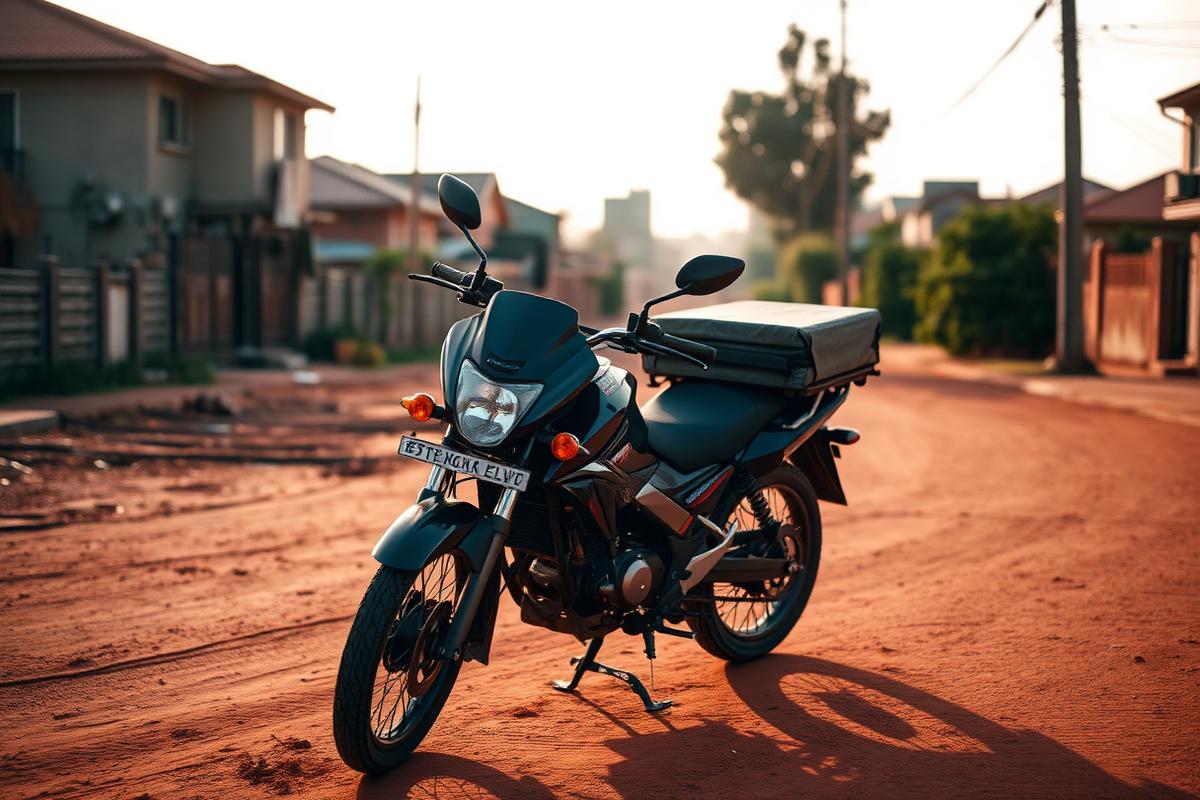 Delivery motorbike on a red dirt road in an Ethiopian suburb